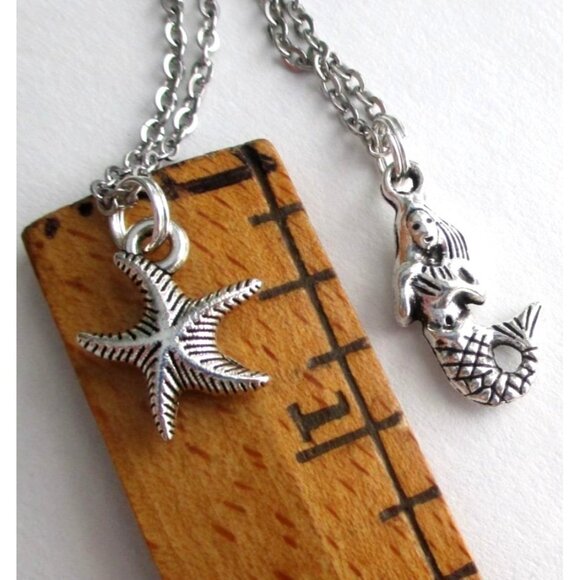 New Mermaid Pendant Necklace w/ Starfish Earrings - Stainless Chain + Ear Wires - Picture 5 of 9